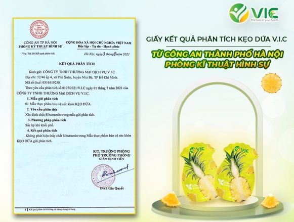 chứng nhận sản phẩm kẹo dứa giảm cân V.I.C